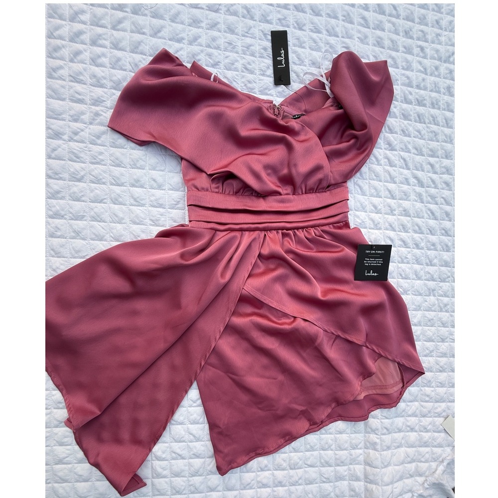 Lulus Pink Satin Off Shoulder Draped Mini Dress D17130 Cocktail Party XS NEW - Picture 10 of 11